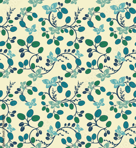 Human-made vector floral seamless ornamental wallpaper in Asian style with butterflies. Non-AI, great for cards, fabric, textile, packaging, paper, background, decor. Traditional Chinese motifs.