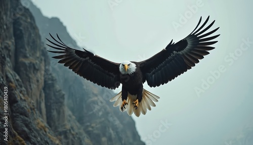 Wallpaper Mural Bald eagle bird flies over rocky mountain terrain with wings spread wide. This majestic raptor has white head and tail feathers, yellow eyes, and sharp talons. Bird of prey soars in hazy sky. Torontodigital.ca