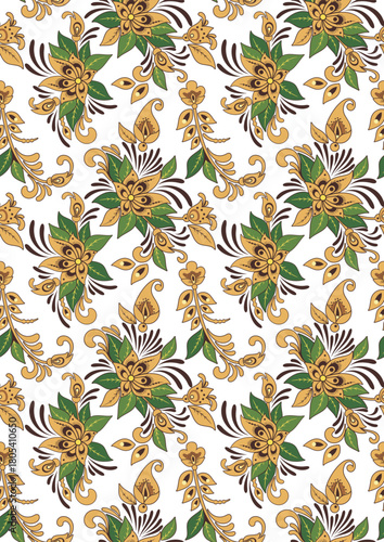 Human-made vector floral seamless ornamental wallpaper in Asian style. Non-AI, great for cards, fabric, textile, packaging, paper, background, decor. Traditional Eastern motifs.