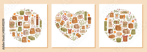 Trendy heart design with kraft box ribbon and bow in flat graphic style. Cardboard present and gift package concept, modern graphic design. Ideal for decor, this background brings a stylish touch to