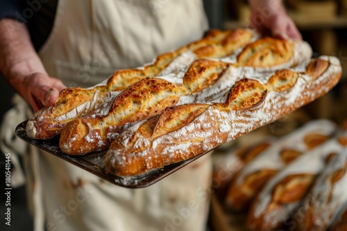 Baker holding freshly baked bread in a cozy bakery