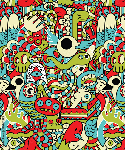 Intricate and colorful seamless pattern featuring a chaotic mix of cartoon monsters, doodles, and psychedelic creatures.