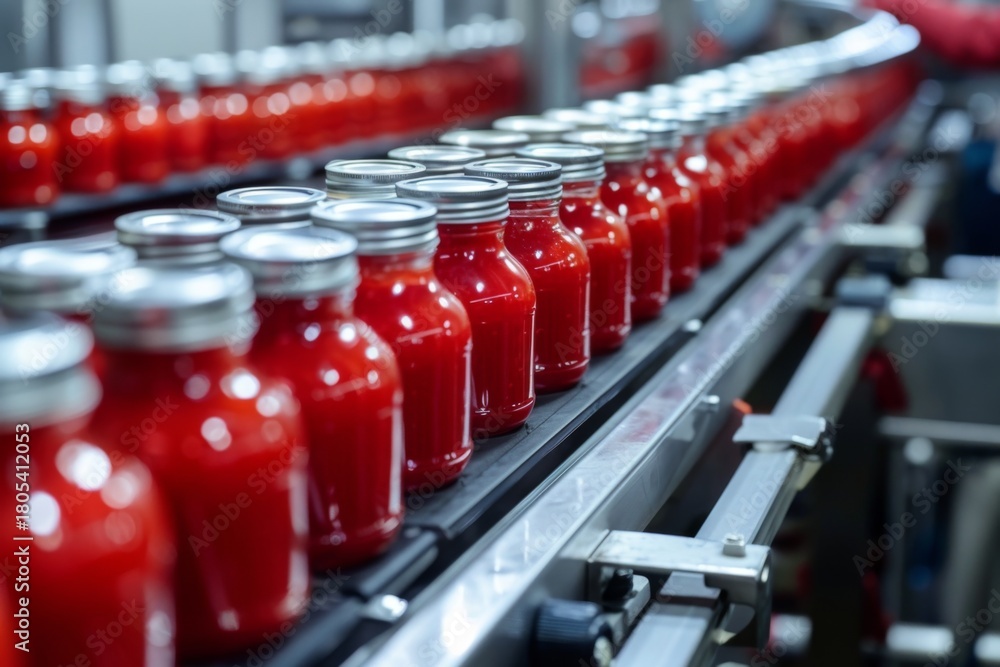 Fototapeta premium Rows of glass jars filled with red sauce in a factory