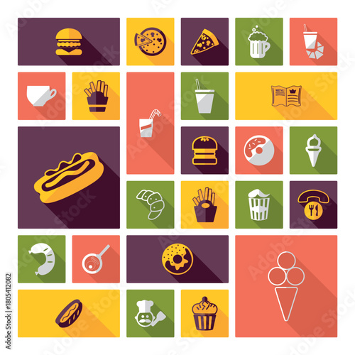 Flat design icons set of various food and drink items with long shadows, arranged in a grid pattern.