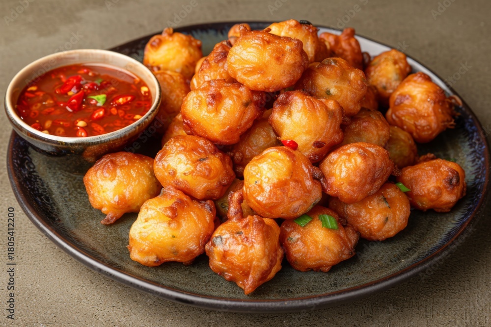 Fototapeta premium Delicious golden fried snacks served with spicy dipping sauce