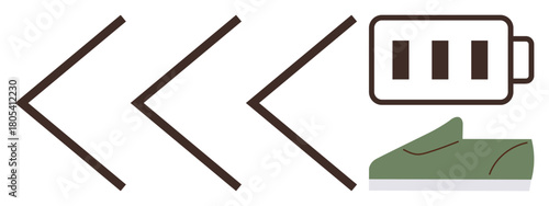 Arrows symbolize motion and energy flow, leading to a battery and a green athletic shoe. Ideal for energy efficiency, sustainability, fitness, innovation, technology, renewable energy, active