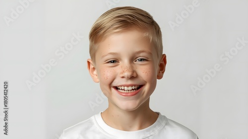 Bright cheerful studio portrait of a smiling young boy with blonde hair against a clean white background, captured with crisp clarity to highlight joyful expression, youthful energy, and natural warmt