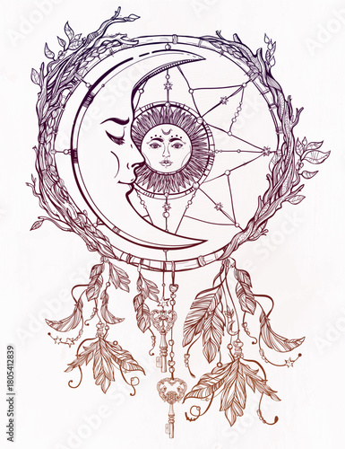 An ornate dreamcatcher featuring a celestial design of a crescent moon and sun with faces, adorned with branches, feathers, and a key.