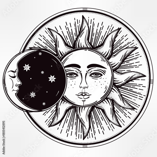 A stylized illustration of the sun and moon, representing celestial bodies and their duality.