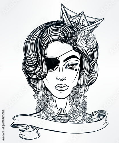 Intricate black and white illustration of a woman with an eye patch, adorned with nautical elements.