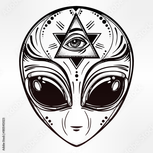 Alien head with all-seeing eye in triangle, black and white drawing.
