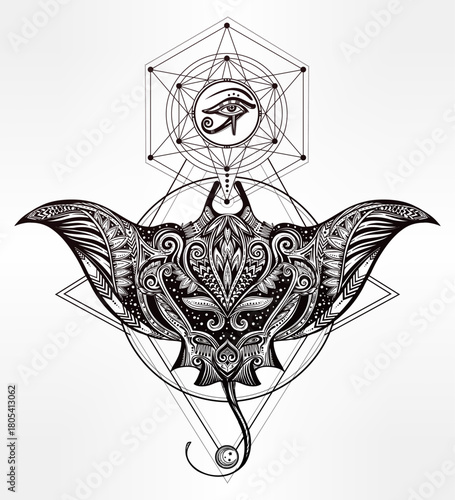 Intricate black and white drawing of a decorated manta ray with sacred geometry and the Eye of Horus.