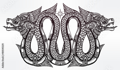 Intricate black and white symmetrical drawing of two mythical serpent dragons with detailed scales and patterns.