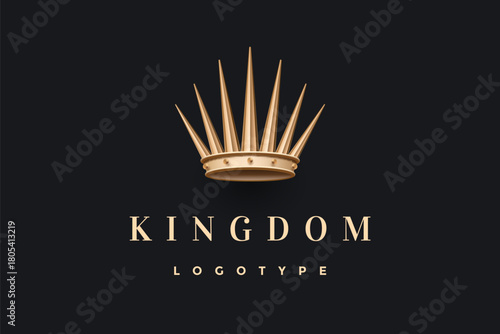 Elegant golden crown logo on a dark background, representing royalty and kingdom.