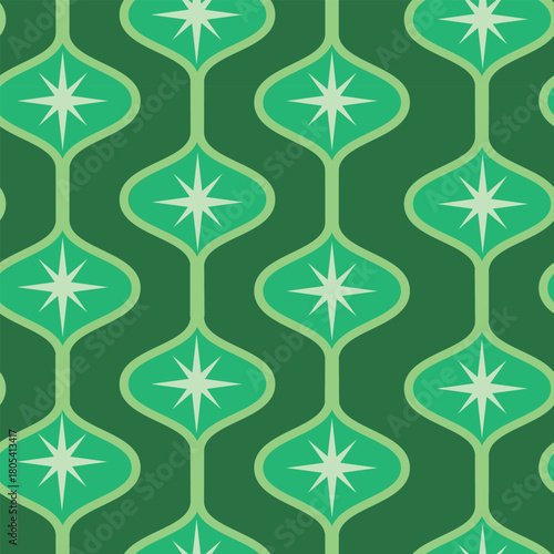 Mid Century Retro atomic starbursts on geometric jade green ogee oval shapes seamless pattern over emerald green background.