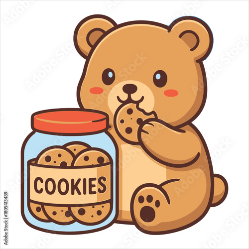 Charming cartoon bear savoring a delightful cookie next to a bountiful cookie jar, expertly crafted as a playful flat vector logo illustration, ideal for children's products and confectionery themes