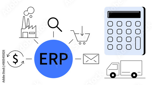 ERP central node links icon elements of manufacturing, finance, logistics, email, magnifying glass, and cart. Ideal for business management, data integration, operations scalability organization