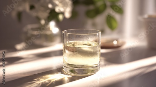 Elegant glass of sparkling water basking in the soft morning sun light