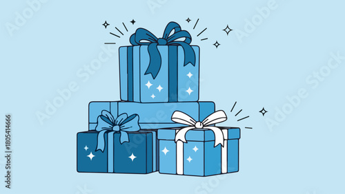  Blue and white Hanukkah gift boxes in vector style with ribbon and sparkle accents, clean line-art, set on a white background  