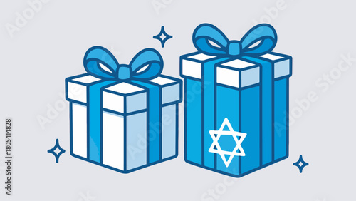  Blue and white Hanukkah gift boxes in vector style with ribbon and sparkle accents, clean line-art, set on a white background  