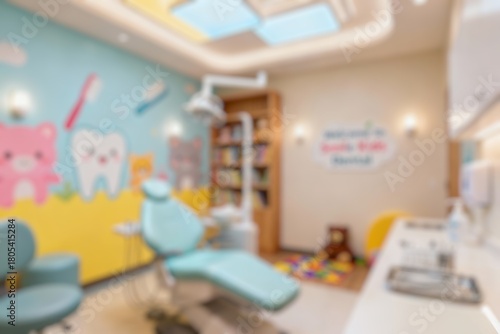 blurred background of a modern dental clinic featuring comfortable examination chairs for children with a room filled with colors and animal pictures
