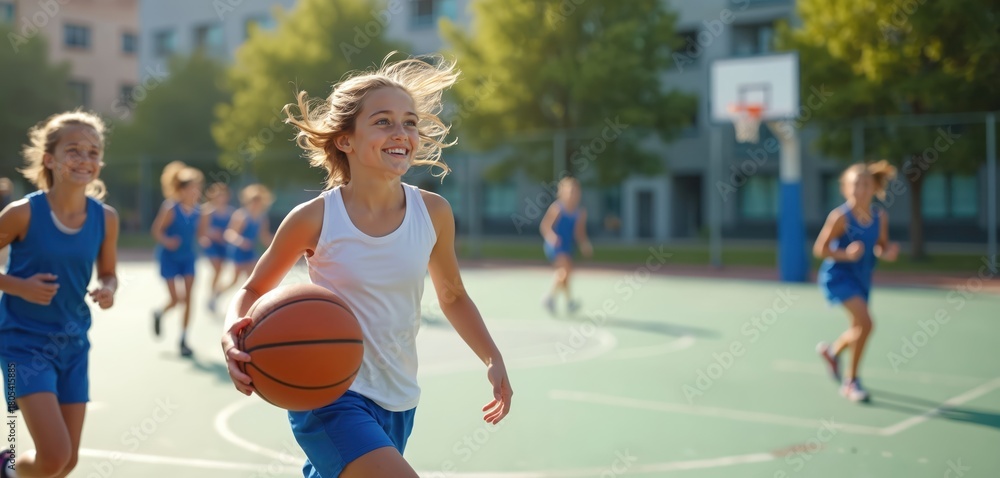 Fototapeta premium Young blonde girl plays basketball, dribbling ball on outdoor court. Smiles, looks happy. Girls in blue uniform run in background during team game practice at high school. Youth sport activity,