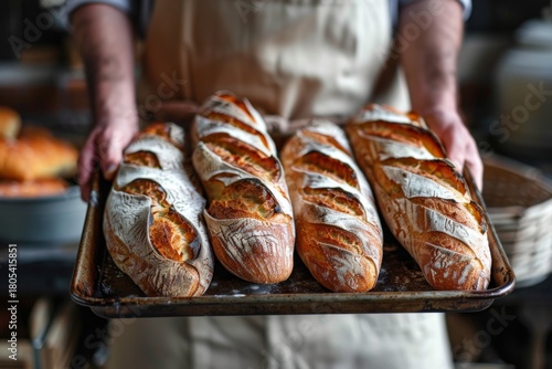 Adult baker proudly holding freshly baked bread in a bakery