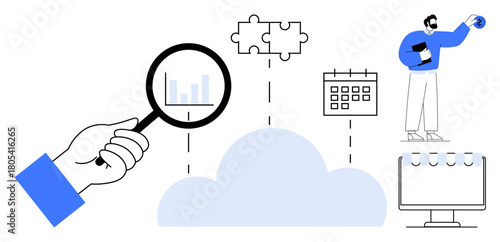 Magnifying glass examines data, cloud links puzzle pieces, calendar, and monitor. Businessman holds clipboard, emphasizing teamwork, project planning, organization, data analysis innovation