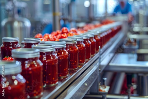 Jars of tomato sauce being processed in a factory