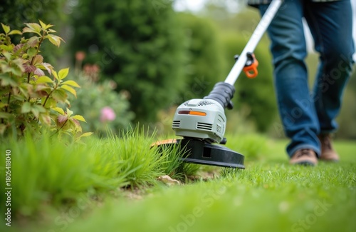 Person uses cordless grass trimmer to cut lawn edges in backyard garden. Electric edger maintains green grass border with precision. Worker performs garden care on property. Fresh green grass, plants