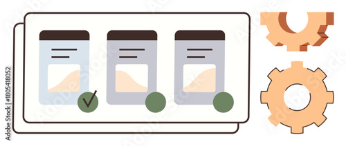 Three task cards arranged in a row with checkmarks and two gears symbolizing process optimization. Ideal for productivity, workflow, task management, automation, planning, organization, efficiency