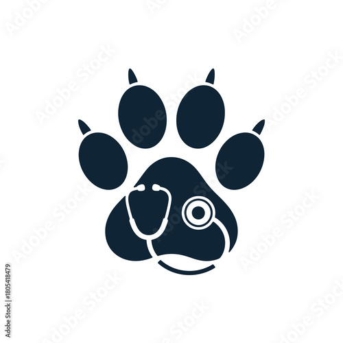 Paw print silhouette with stethoscope veterinarian logo