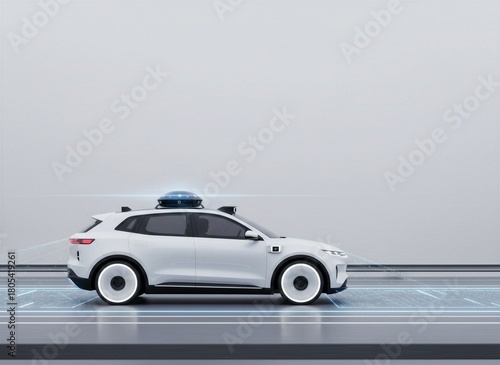 Modern white autonomous car with roof-mounted lidar sensor system on smart digital road