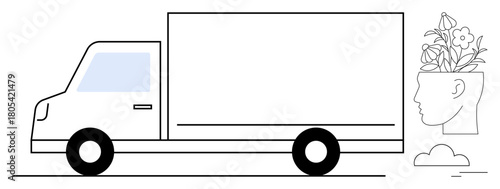 Delivery truck and human head filled with blooming flowers, representing creative thinking, innovation, and ideas. Ideal for logistics, imagination, sustainability, mindfulness, growth design