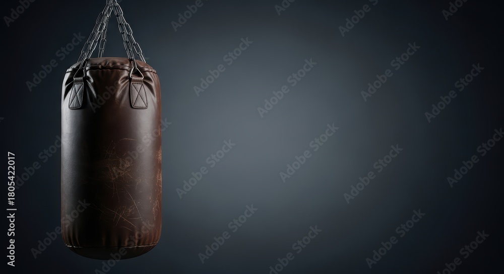 Naklejka premium Worn leather punching bag hanging against dark background