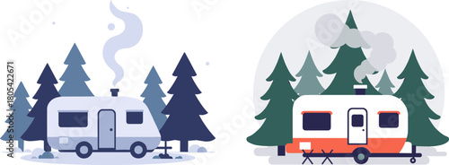 Two colorful camping trailers with smoke rising from chimneys in a serene forest setting surrounded by tall pine trees on a clear day, digitally illustrated with a minimalist design.