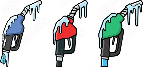 Three colorful fuel pumps with ice and frost covering them, picturesque winter scene on a transparent background highlighting the effects of cold weather