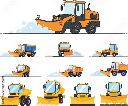 A collection of cartoon-style snow plows and dump trucks actively clearing snow and debris on a clean and transparent background showcasing various angles and designs.