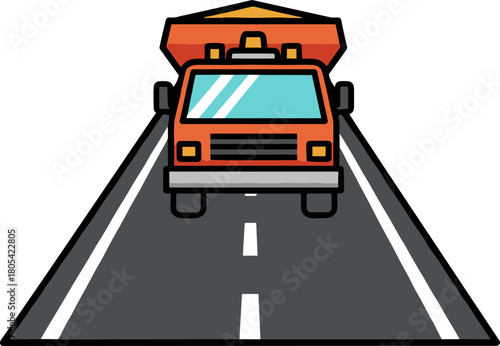 Front view of an orange truck driving on a road with white lines, bright colors, clear design, isolated on a transparent background for versatile use in graphics and illustrations