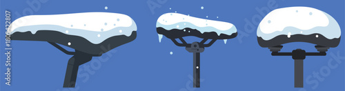 Three snow-covered bicycle seats with snowflakes against a blue background, showcasing winter conditions and outdoor cycling accessories in a flat design style.