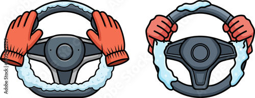 Illustration of Two Hands Wearing Red Gloves Gripping a Car Steering Wheel with One Side Frosty and the Other Wet, Isolated on a Transparent Background