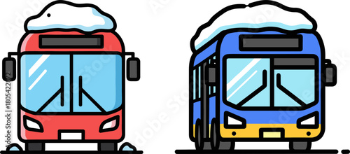 Two cartoon buses covered in snow, a red and a blue bus, standing side by side on a black background, perfect for winter transportation themes and illustrations.