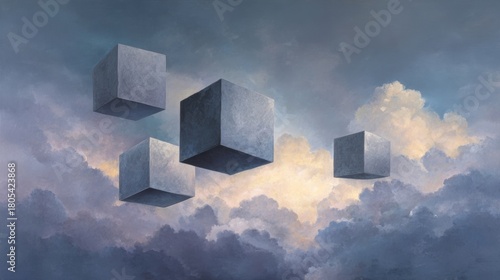 Floating Cubes in Surreal Cloudy Sky