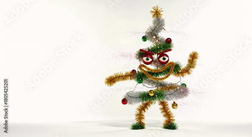 Funny angry Christmas tree monster character made of tinsel and decorations. Quirky handmade holiday craft with a mischievous expression. Isolated on white background with copy space