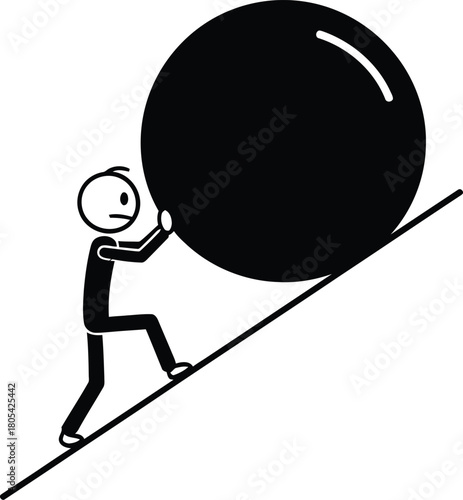 Determined stick figure character pushing a large black boulder uphill against gravity and resistance