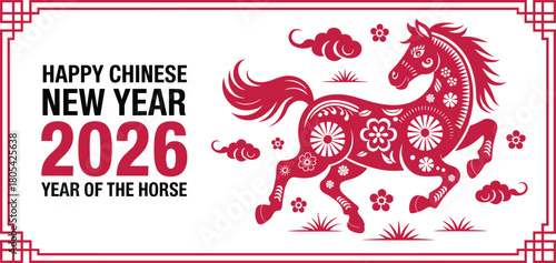 2026 Chinese New Year, year of the horse vector, floral papercut horse art, festive greeting design, luck, prosperity, celebration