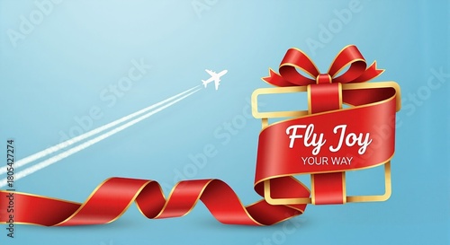 Fly Joy Your Way travel promotion concept. Airplane with contrails turning into a gift ribbon. Holiday vacation special offer for airline tickets.