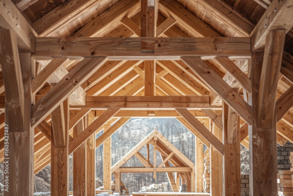 Fototapeta premium Wooden beams in a spacious construction site