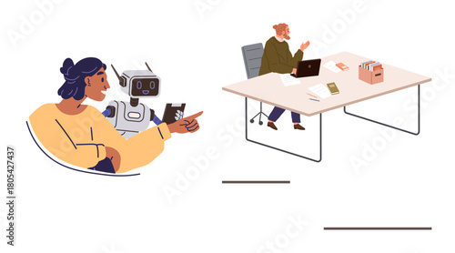 Woman interacting with AI robot while employee works remotely at desk with laptop and documents. Ideal for teamwork, technology, AI integration, innovation, remote work, digital transformation