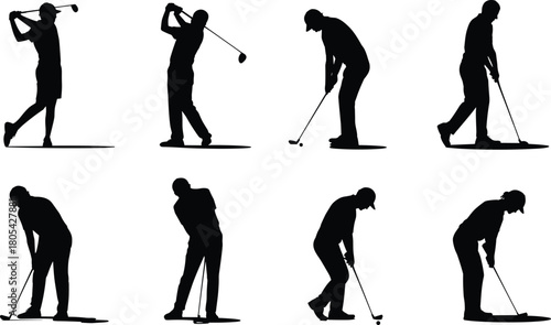 Golf player silhouettes set, male golfer swing and putting poses, black sport vector illustration on white background, isolated collection